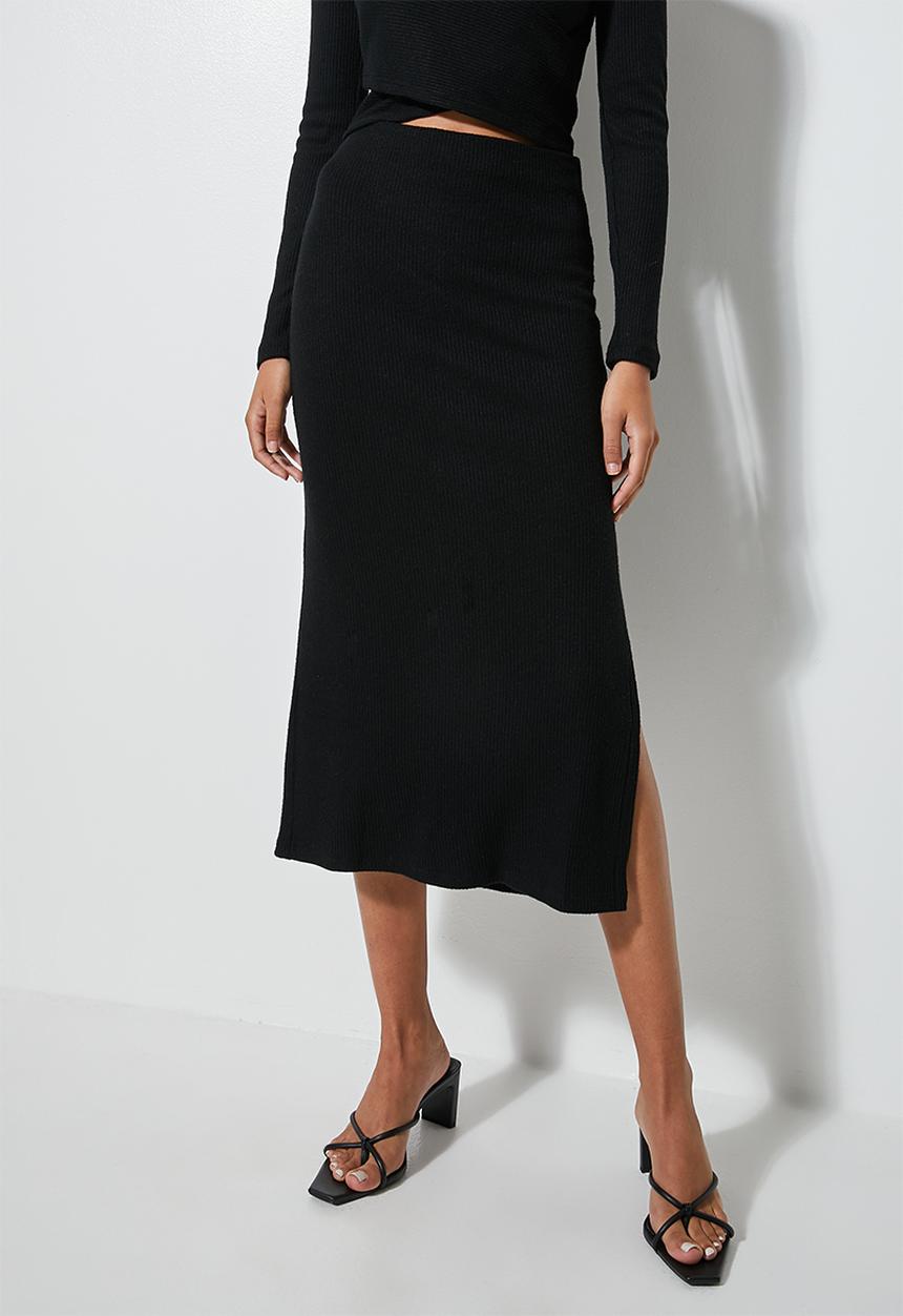 VELVET - Co ord Soft touch rib column pencil with slit - black