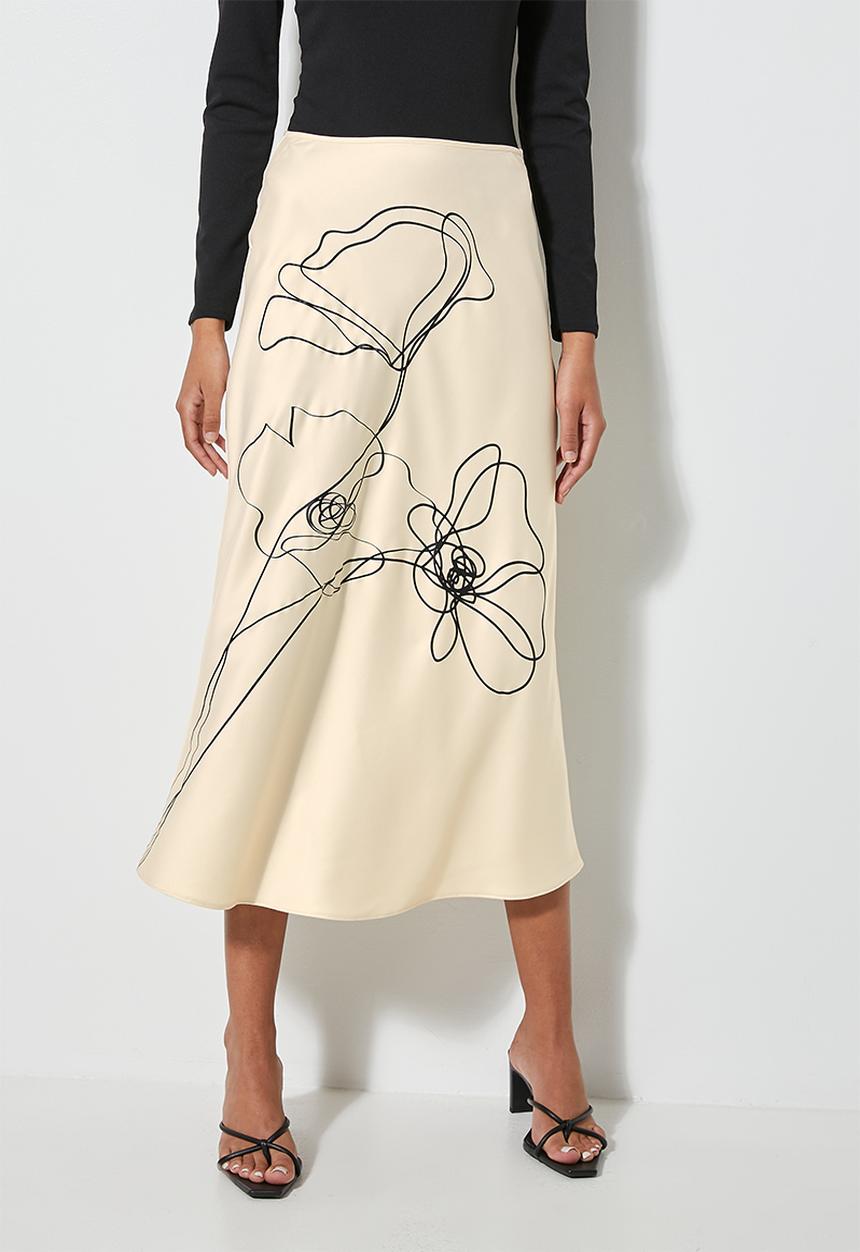 VELVET - Satin skirt with large placement print - sand