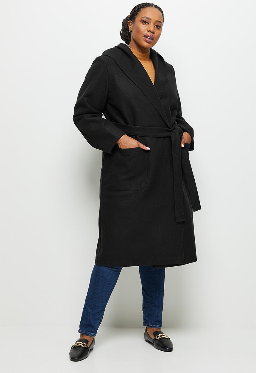 edit Plus - Long hooded belted melton - black 