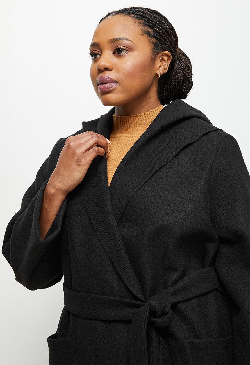 edit Plus - Long hooded belted melton - black 