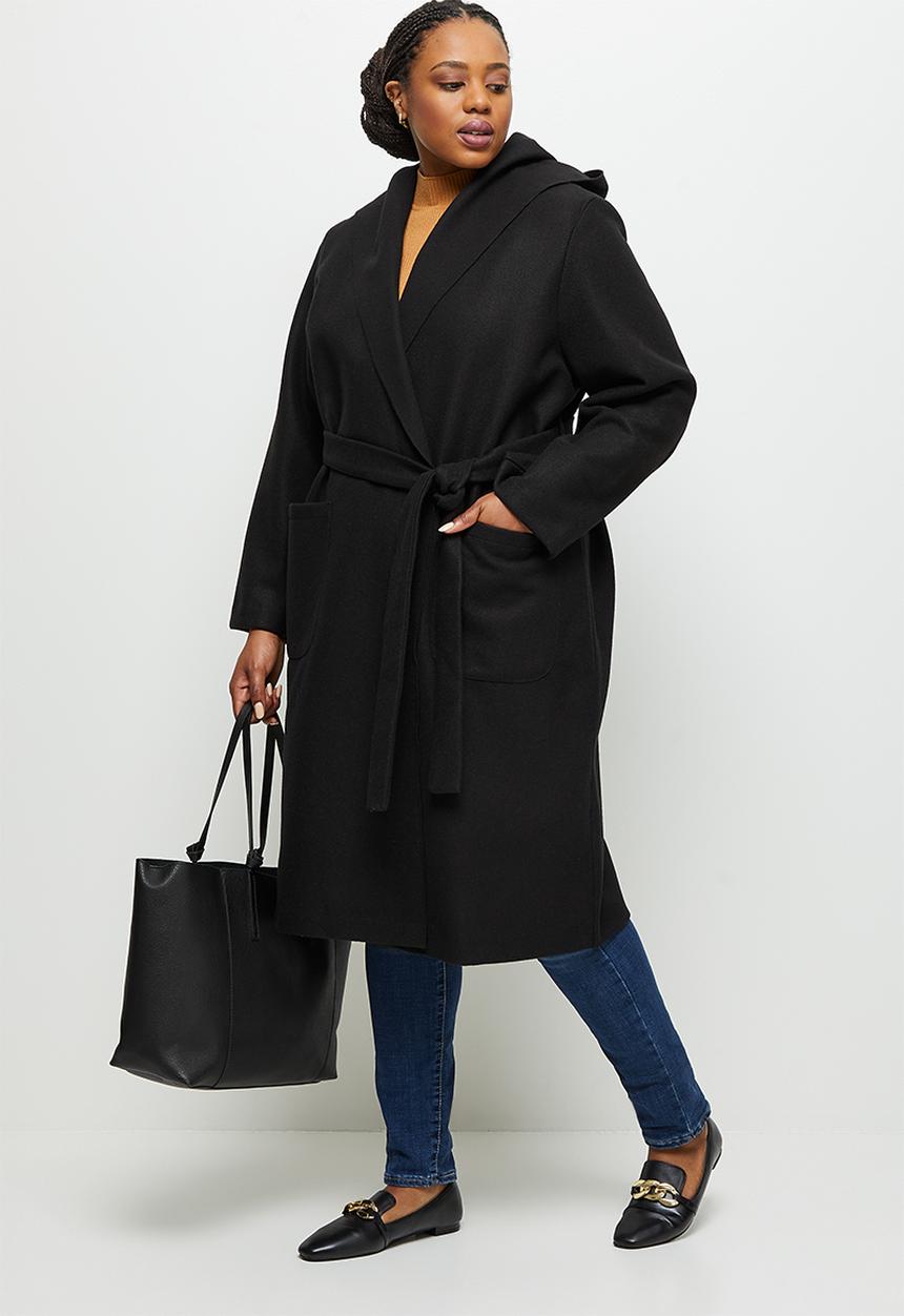 edit Plus - Long hooded belted melton - black 