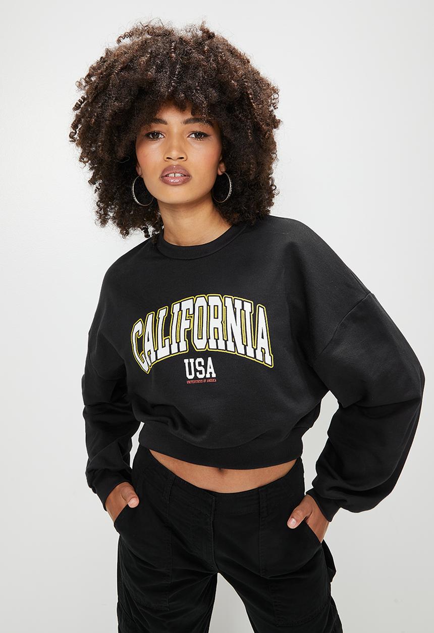 Blake - Graphic cropped crew sweat - black