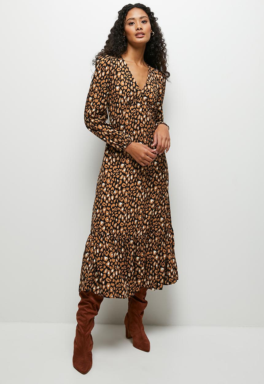 MILLA - Empire line fit and flare midi dress - brown & black