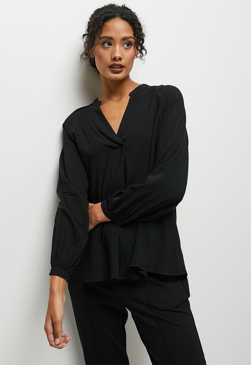 edit - Mandarin collar balloon sleeve blouse - black