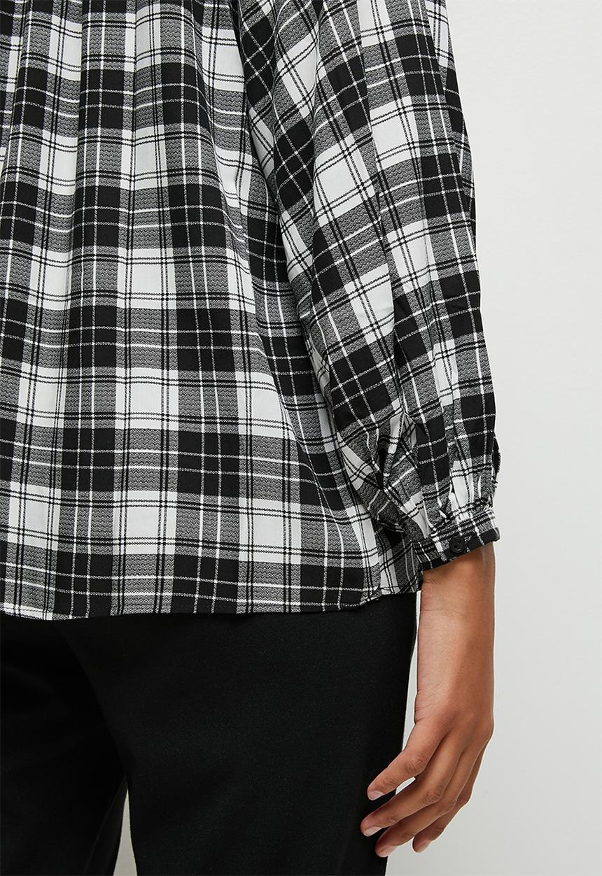 edit - Mandarin collar balloon sleeve blouse - check