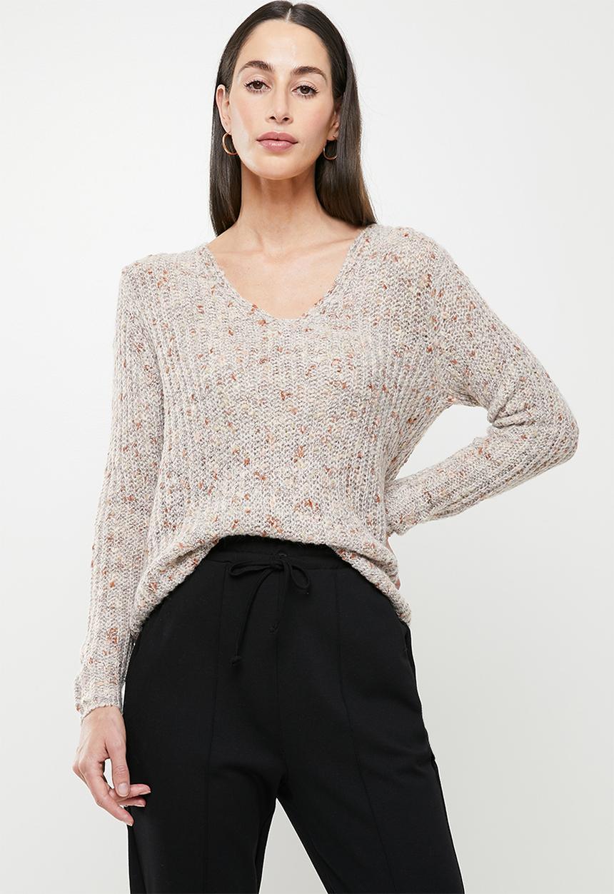 Jacqueline de Yong - Madeline long sleeve  v-neck pullover - light grey melange