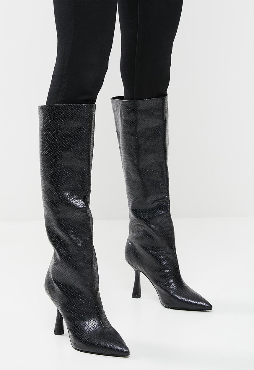Public Desire - Delilah knee high pointed toe boot - black snake