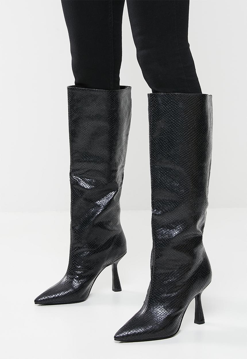 Public Desire - Delilah knee high pointed toe boot - black snake