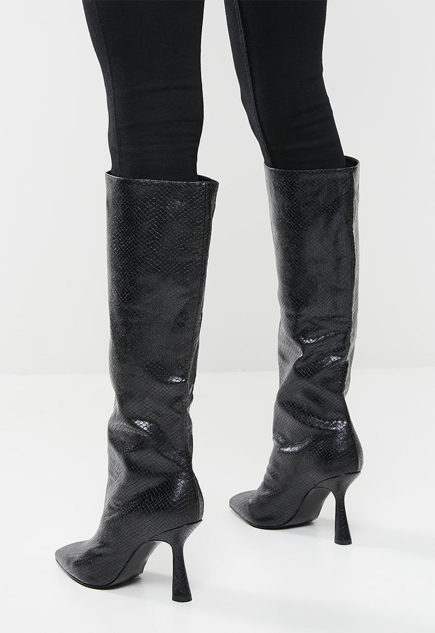 Public Desire - Delilah knee high pointed toe boot - black snake