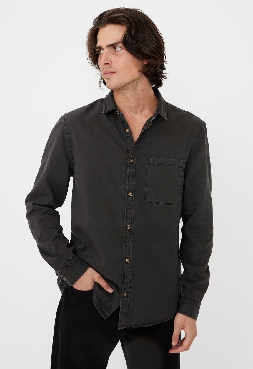 Cotton On - Camden long sleeve shirt - washed black twill
