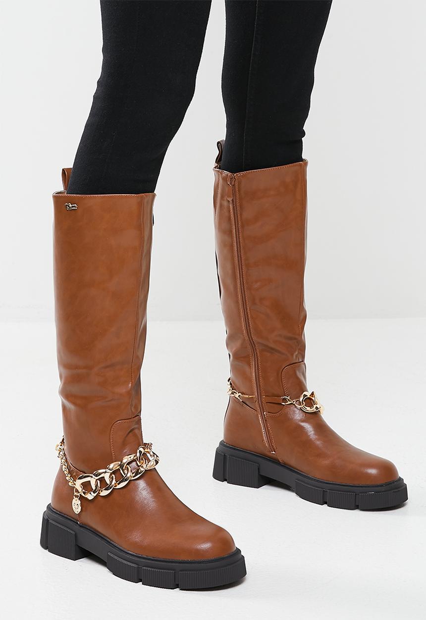 Plum - Halo chunky chain knee high boot - brown