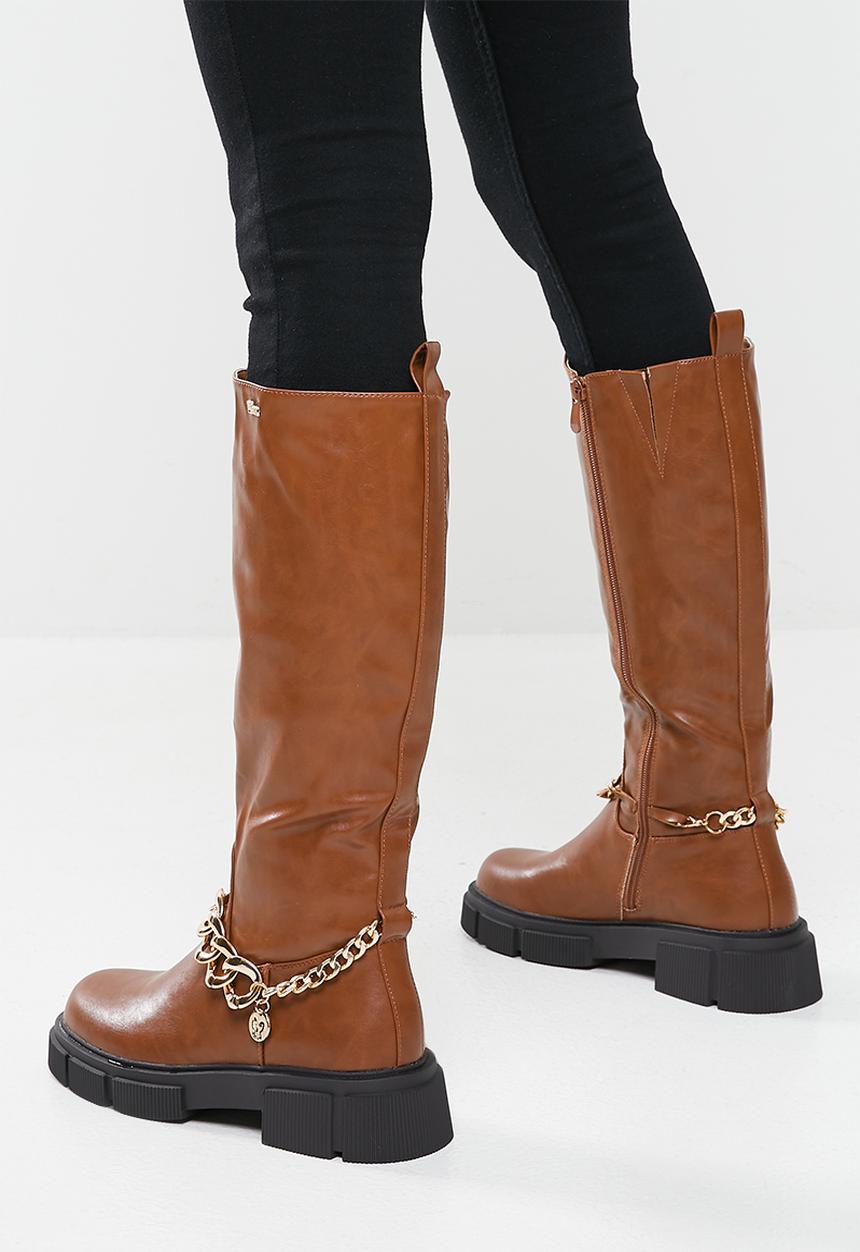 Plum - Halo chunky chain knee high boot - brown
