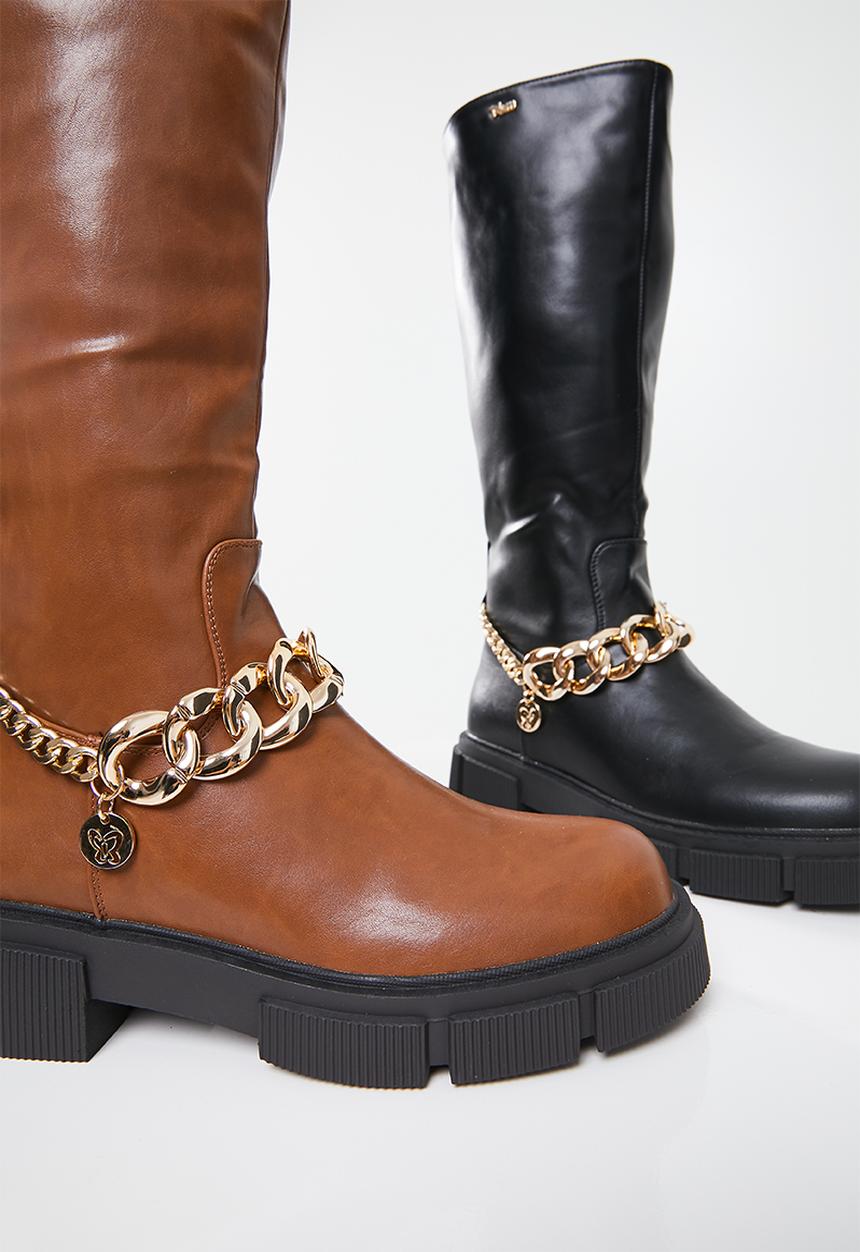 Plum - Halo chunky chain knee high boot - brown