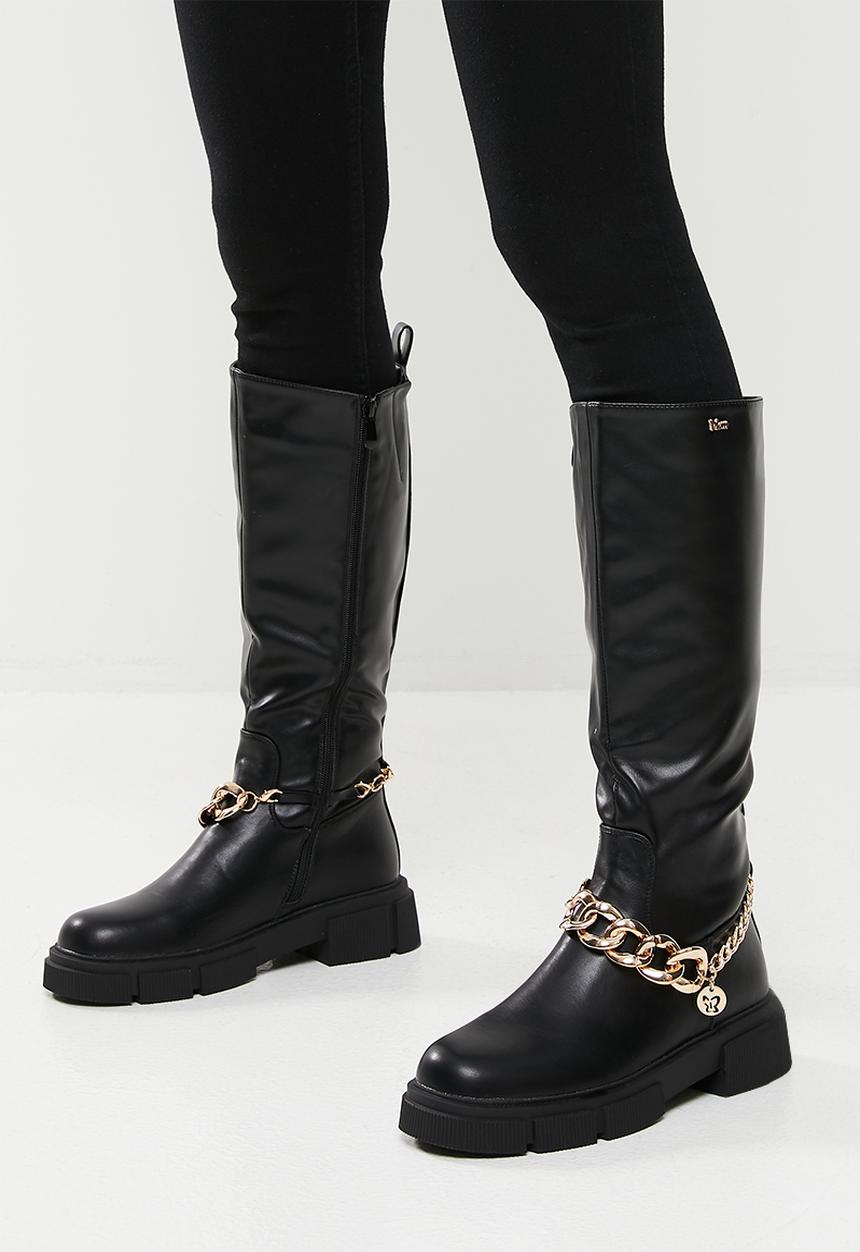 Plum - Halo chunky chain knee high boot - black