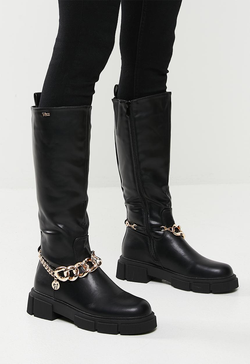 Plum - Halo chunky chain knee high boot - black
