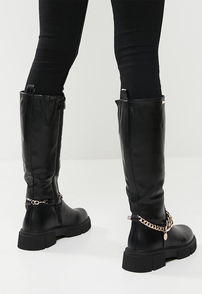 Plum - Halo chunky chain knee high boot - black