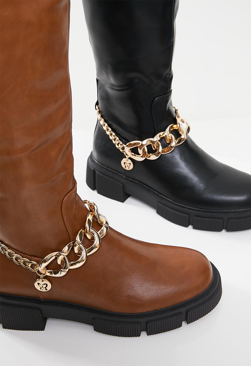 Plum - Halo chunky chain knee high boot - black