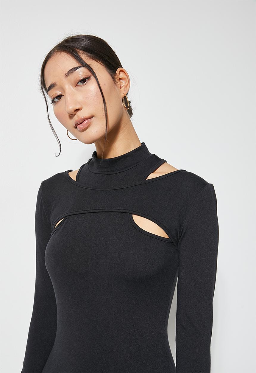 VELVET - Overlay cut away knit bodycon dress - black