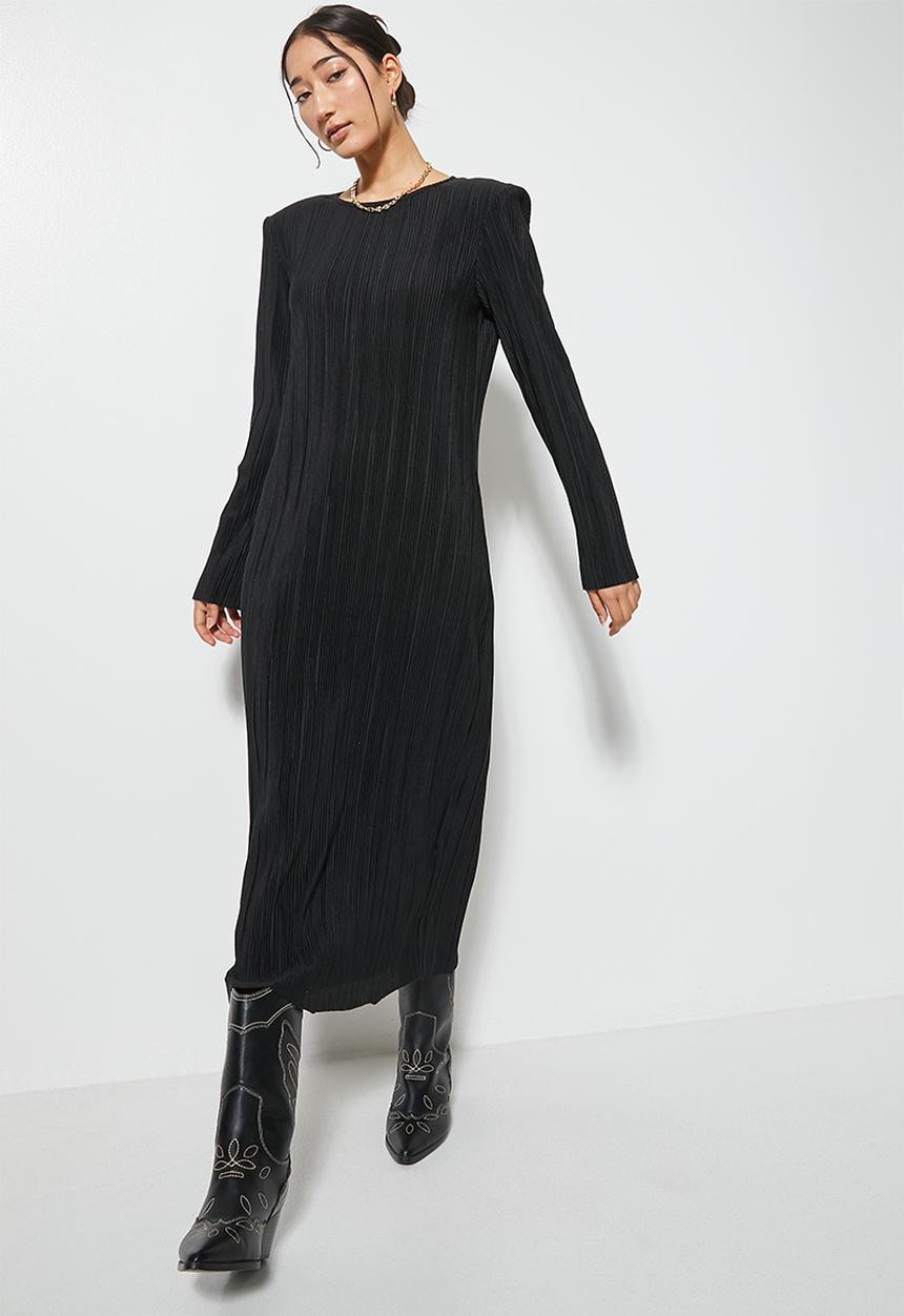 VELVET - Midi power shoulder pleated jersey dress - black