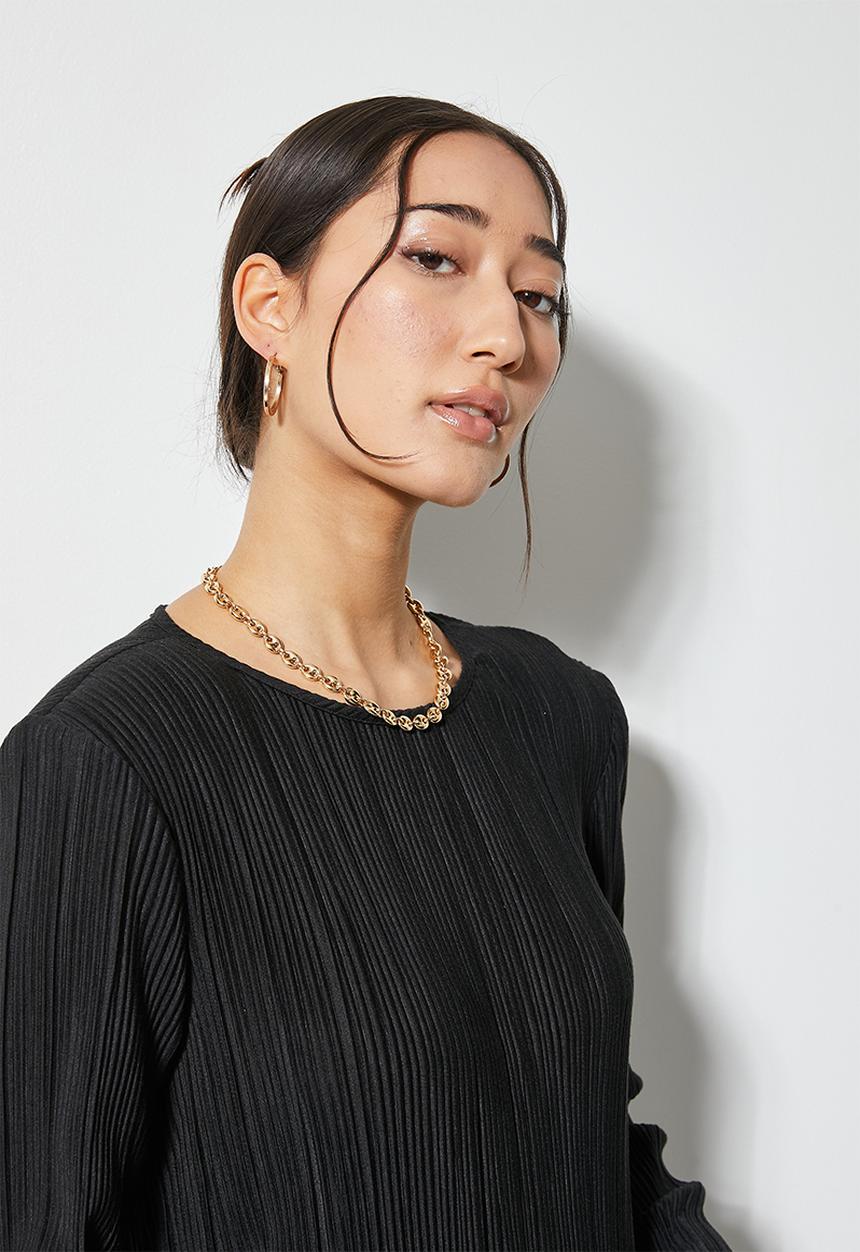 VELVET - Midi power shoulder pleated jersey dress - black