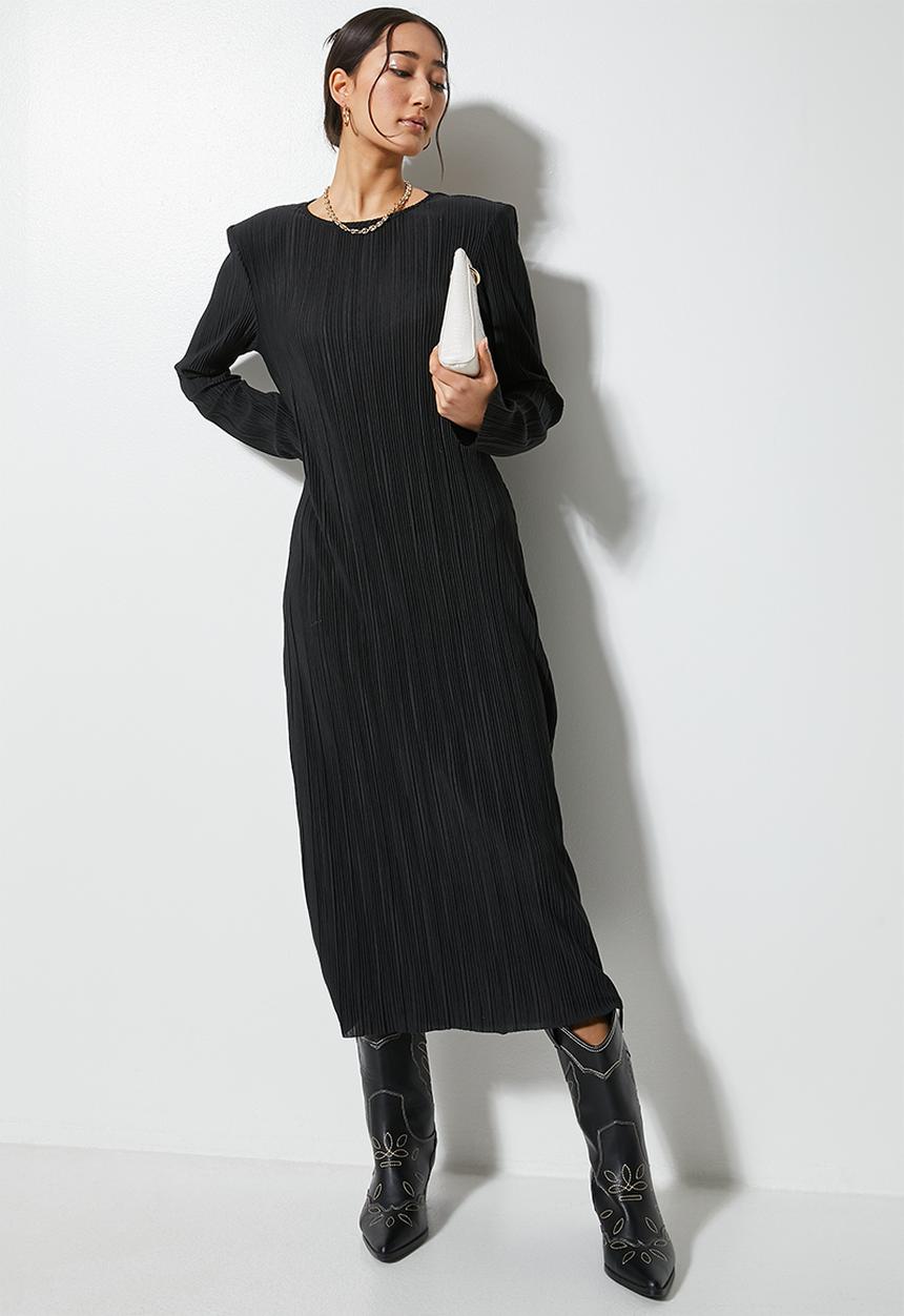 VELVET - Midi power shoulder pleated jersey dress - black