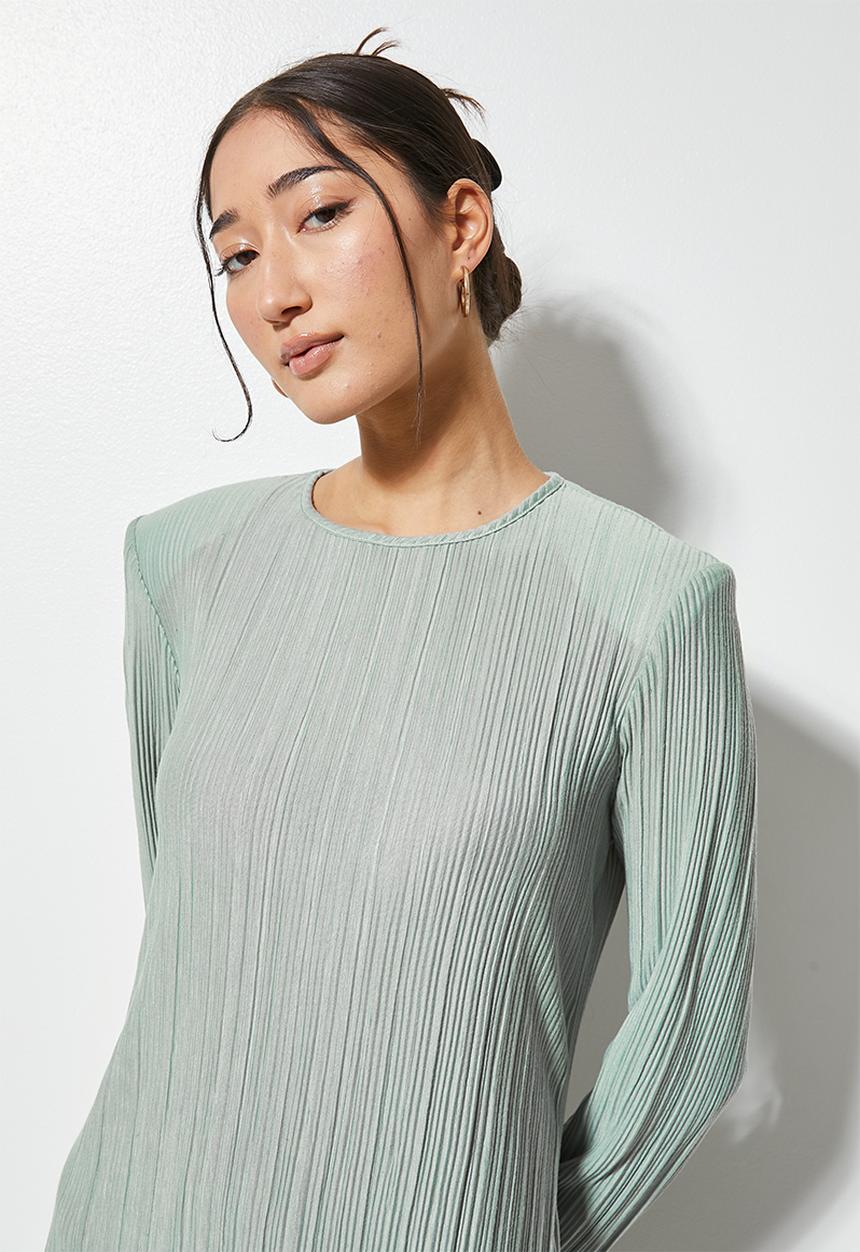 VELVET - Midi power shoulder pleated jersey dress - sage
