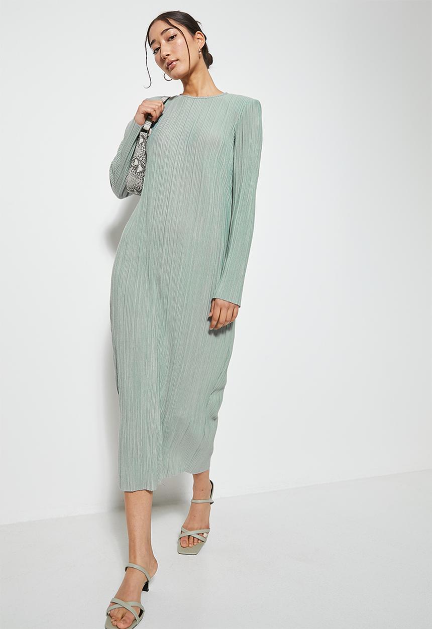 VELVET - Midi power shoulder pleated jersey dress - sage