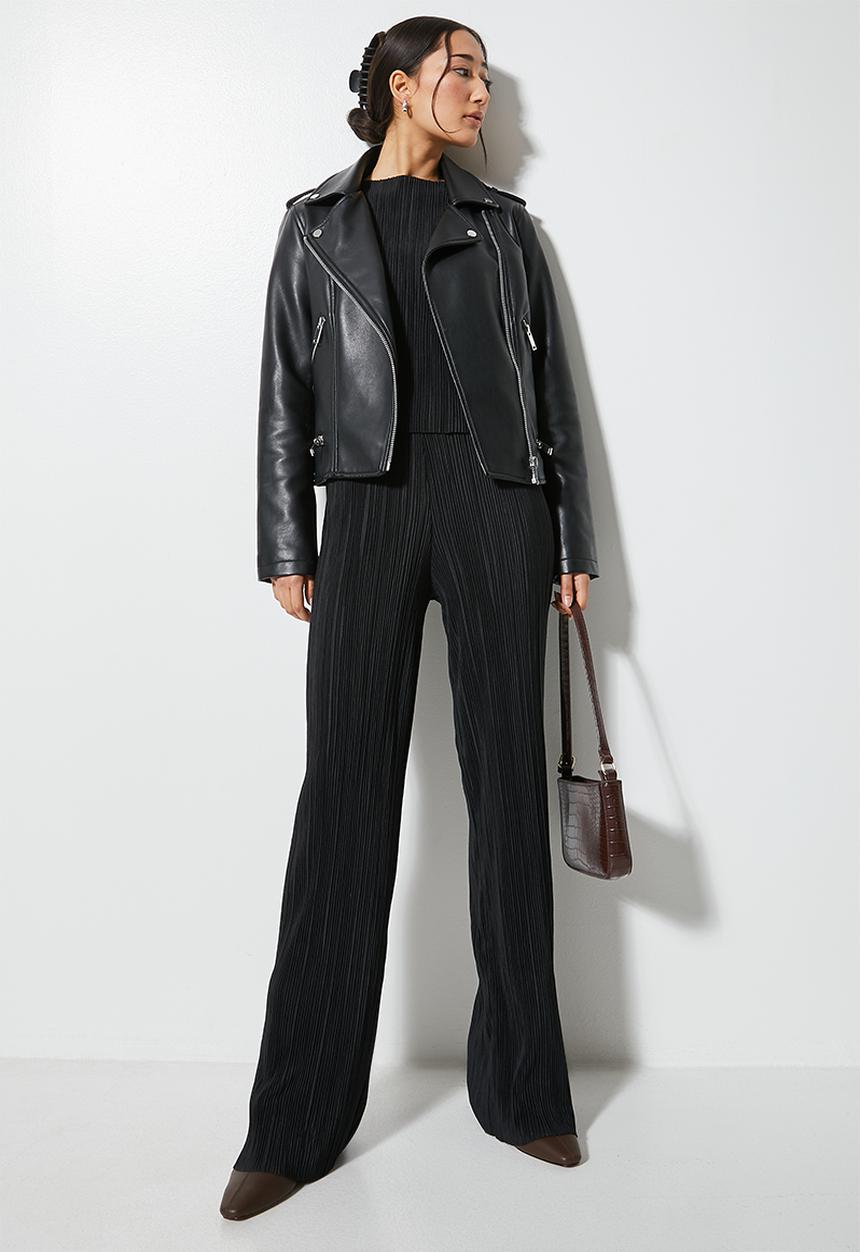 VELVET - Co ord Pleated jersey pull on wide leg pant - black