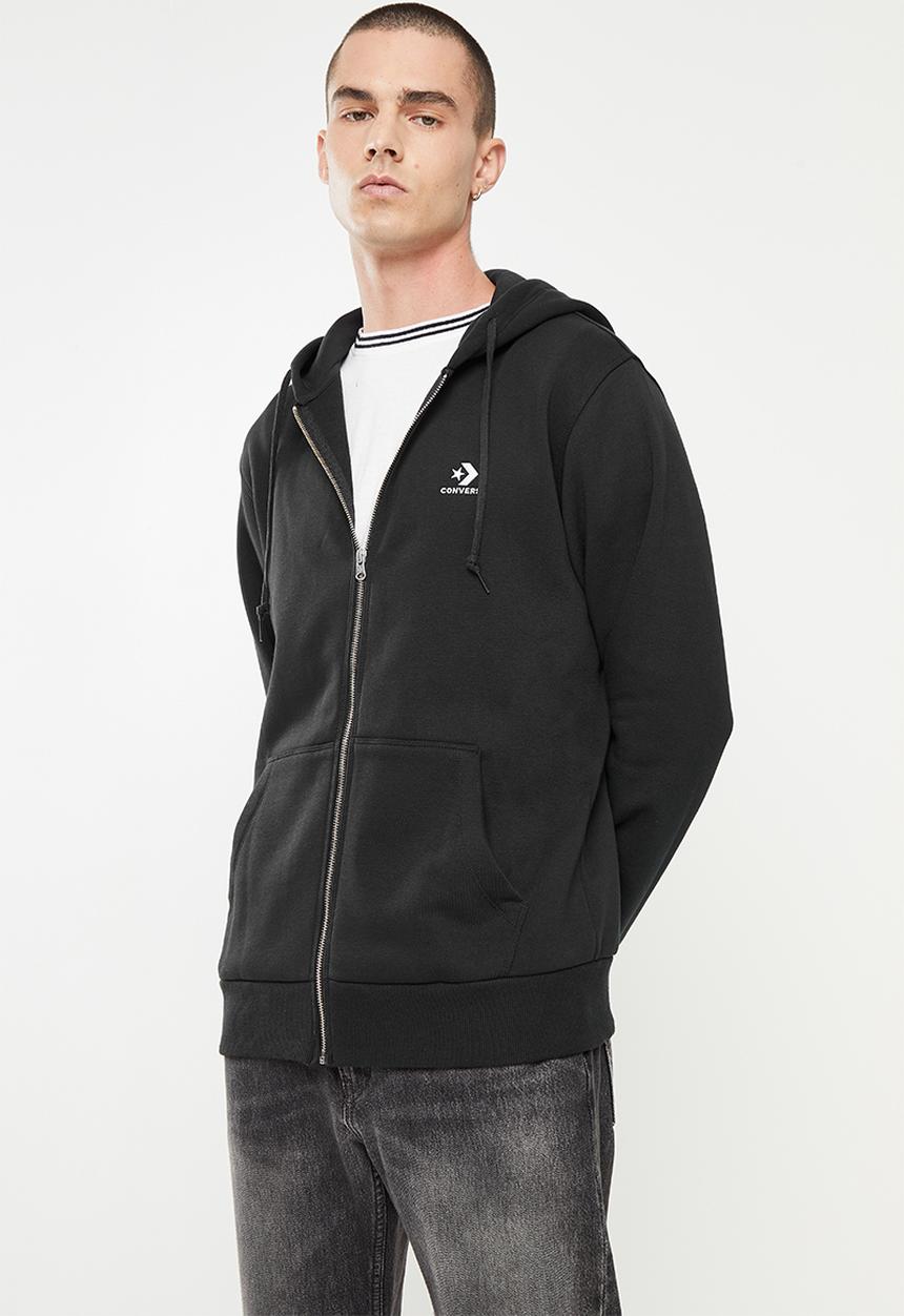Converse - Embroidered star chevron full zip fleece hoodie - black