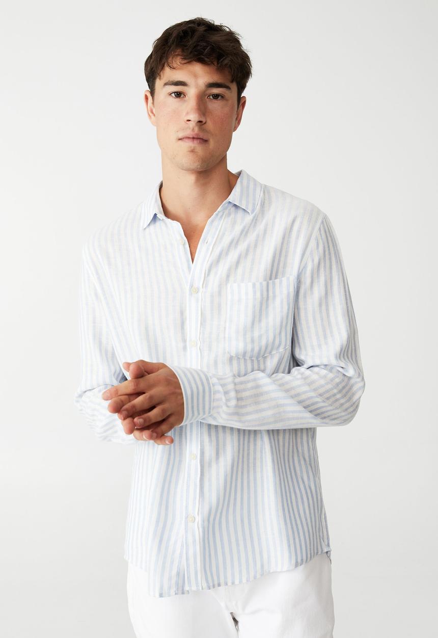 Cotton On - Ashby long sleeve shirt - indigo ticking stripe