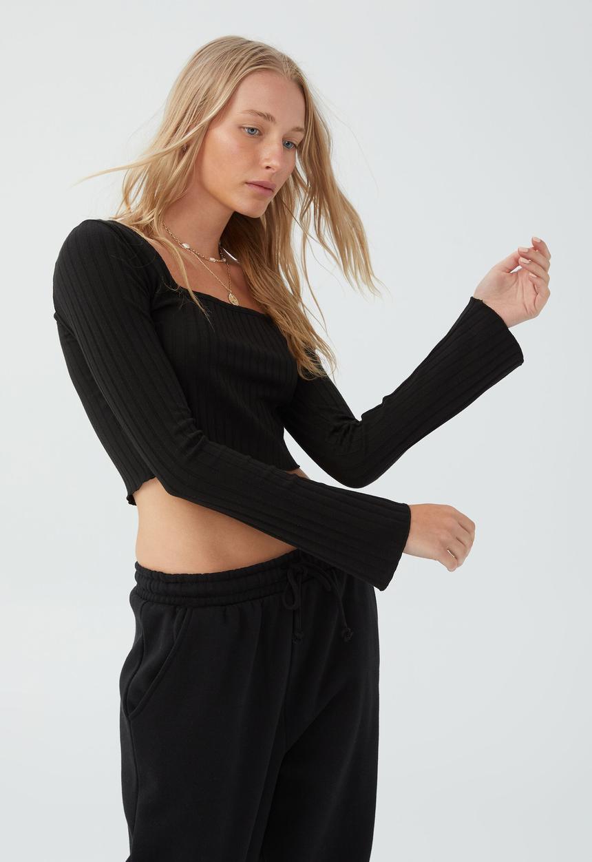 Cotton On - Wide scoop long sleeve top - black