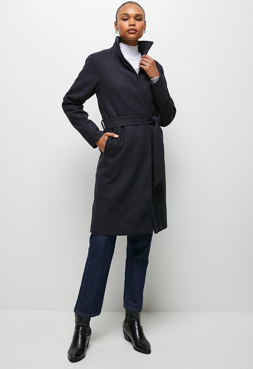 edit - Funnel neck belted melton coat - ink