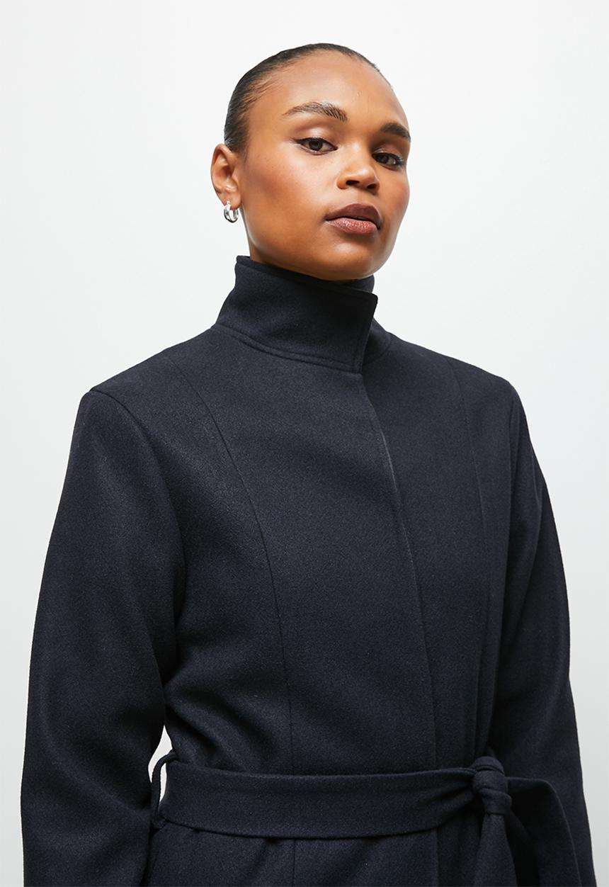 edit - Funnel neck belted melton coat - ink