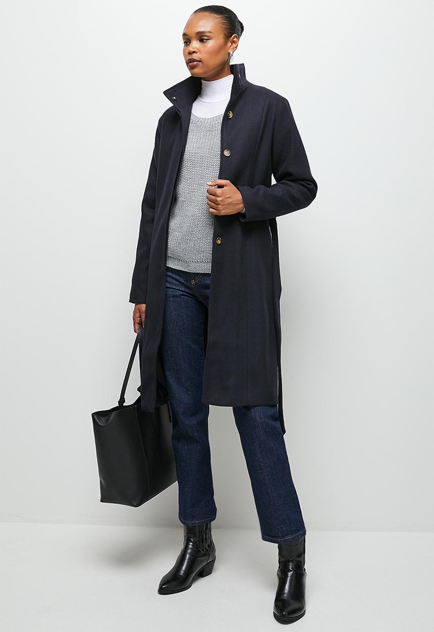 edit - Funnel neck belted melton coat - ink