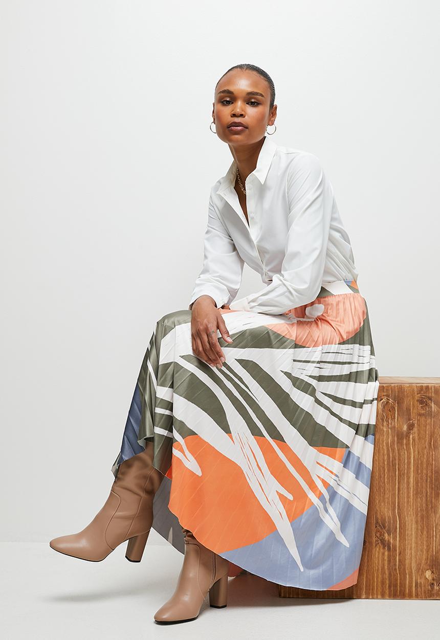 edit - Printed knit pleated midi skirt - large foliage