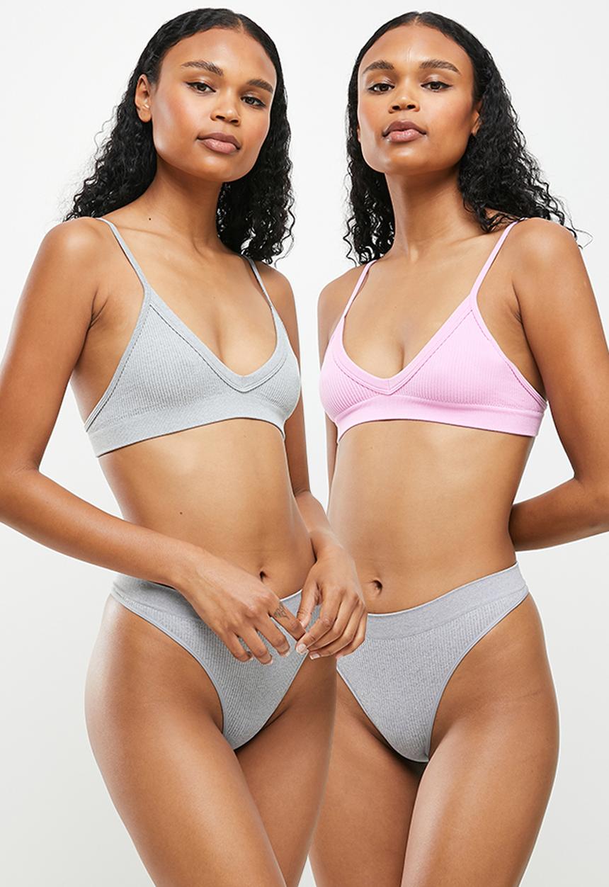 Cotton On - Seamless chunky triangle bralette 2-pack  - light grey & pink orchid