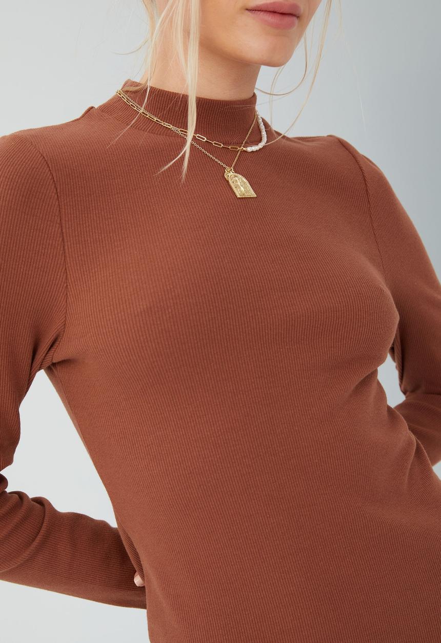Cotton On - Rib long sleeve mock neck mini dress - vintage brown