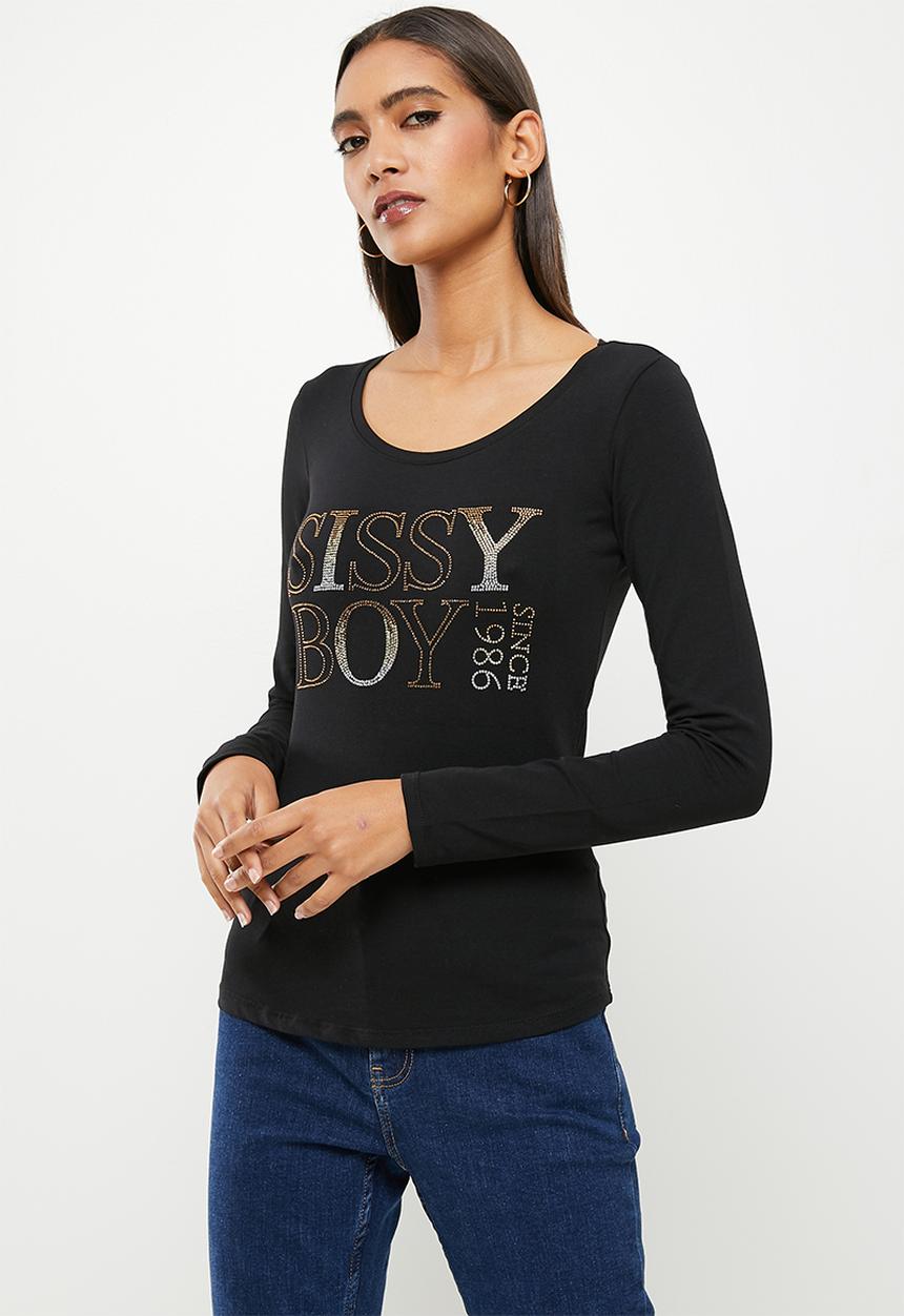 SISSY BOY - Long sleeve bling logo top - black