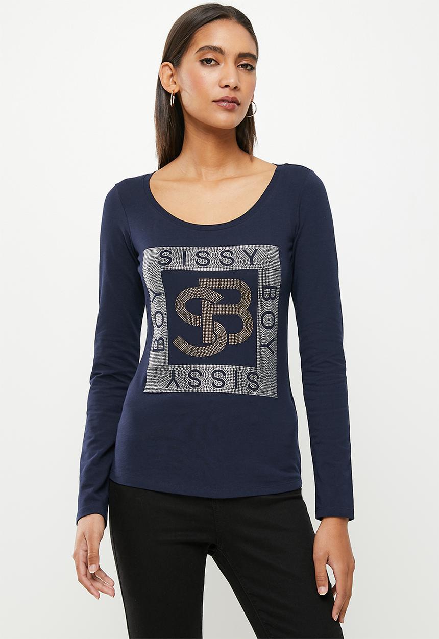 SISSY BOY - Basic round neck fitted long sleeve top with bling logo - navy