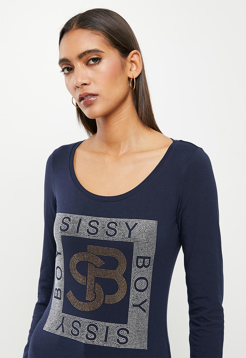 SISSY BOY - Basic round neck fitted long sleeve top with bling logo - navy
