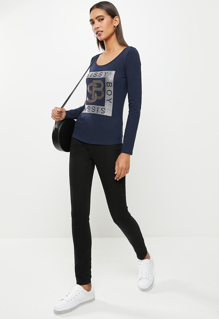 SISSY BOY - Basic round neck fitted long sleeve top with bling logo - navy