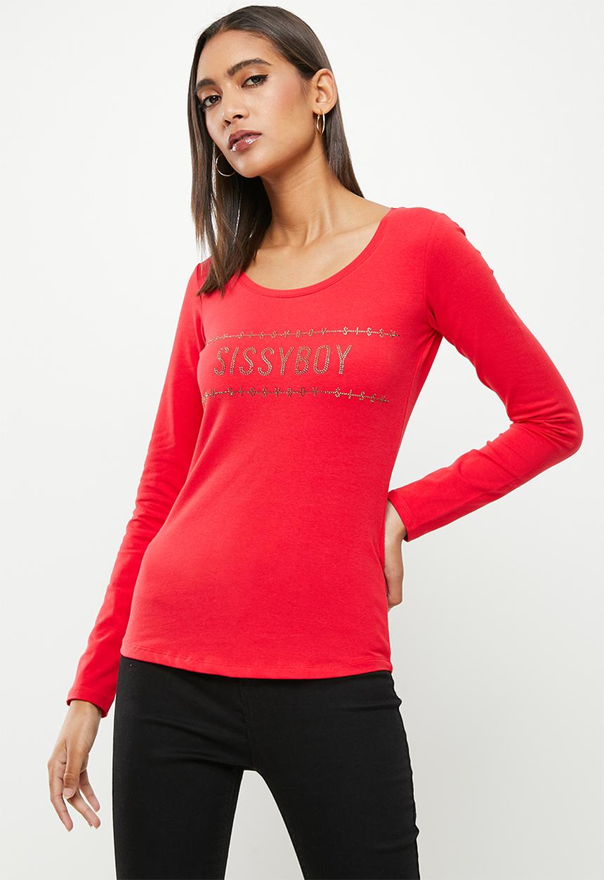 SISSY BOY - Long sleeve bling logo top - red