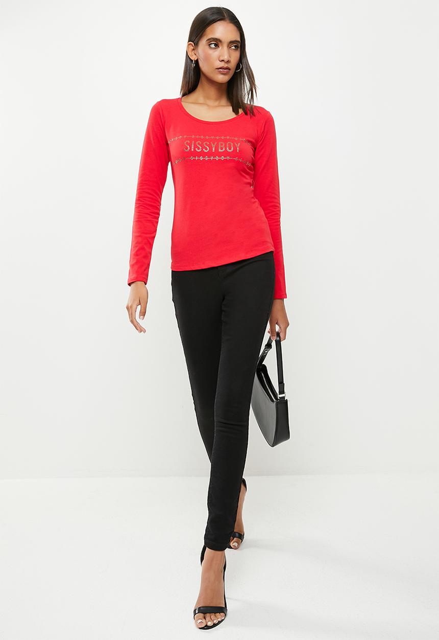 SISSY BOY - Long sleeve bling logo top - red