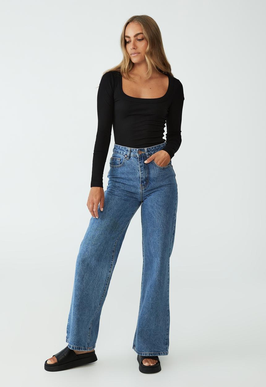 Cotton On - Staple rib scoop neck long sleeve top - black