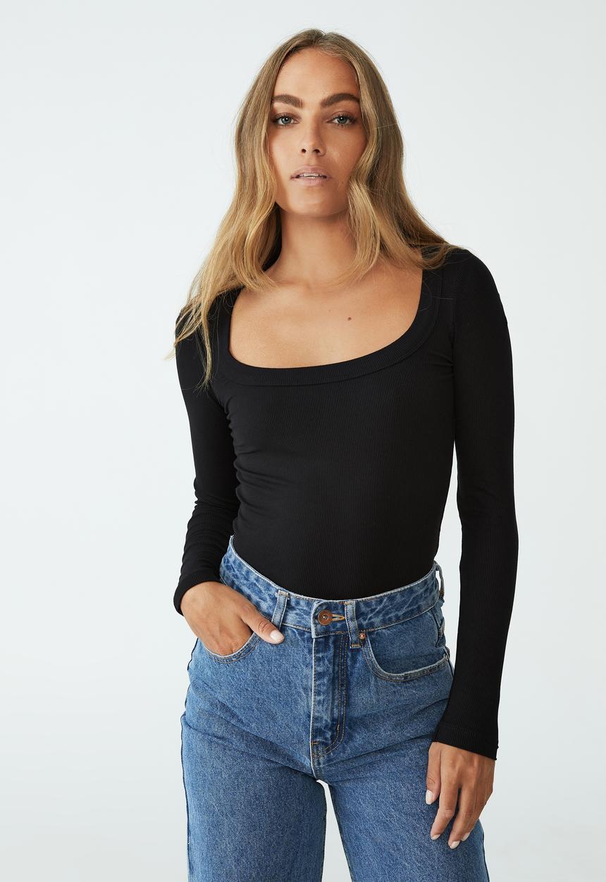 Cotton On - Staple rib scoop neck long sleeve top - black