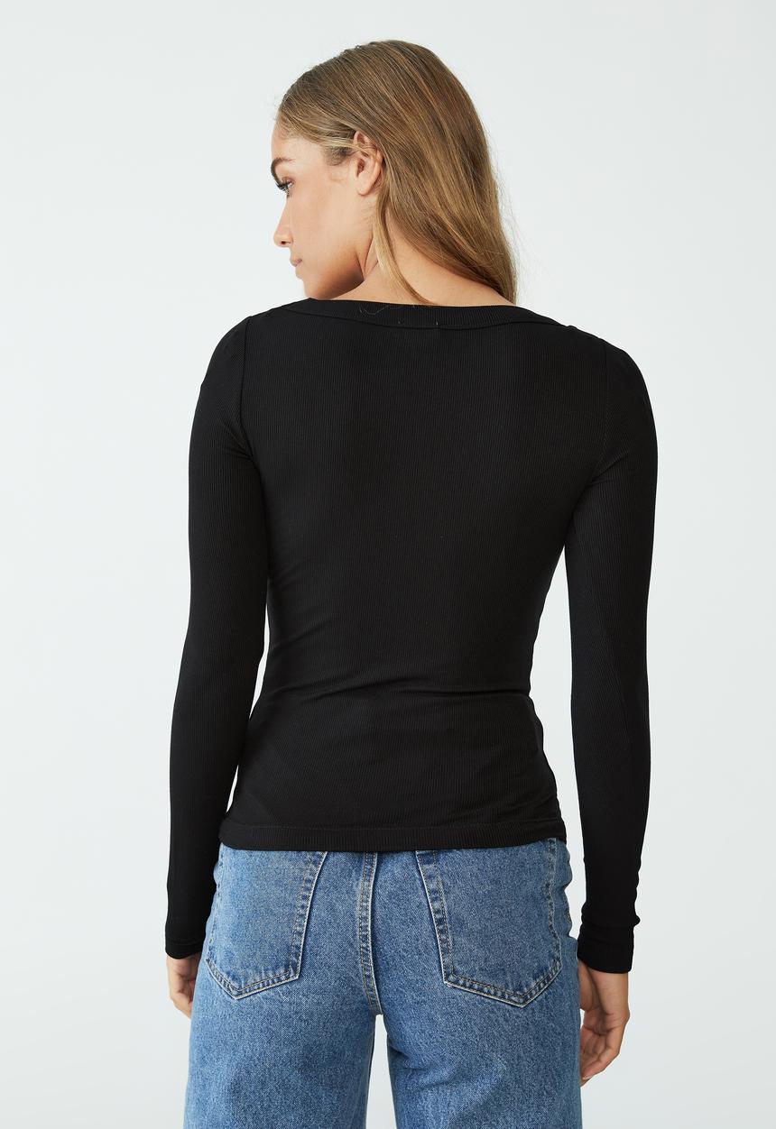 Cotton On - Staple rib scoop neck long sleeve top - black