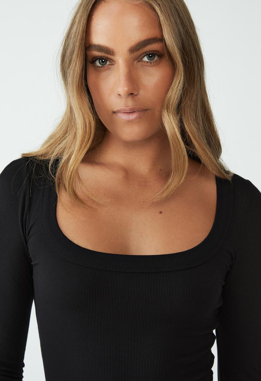 Cotton On - Staple rib scoop neck long sleeve top - black