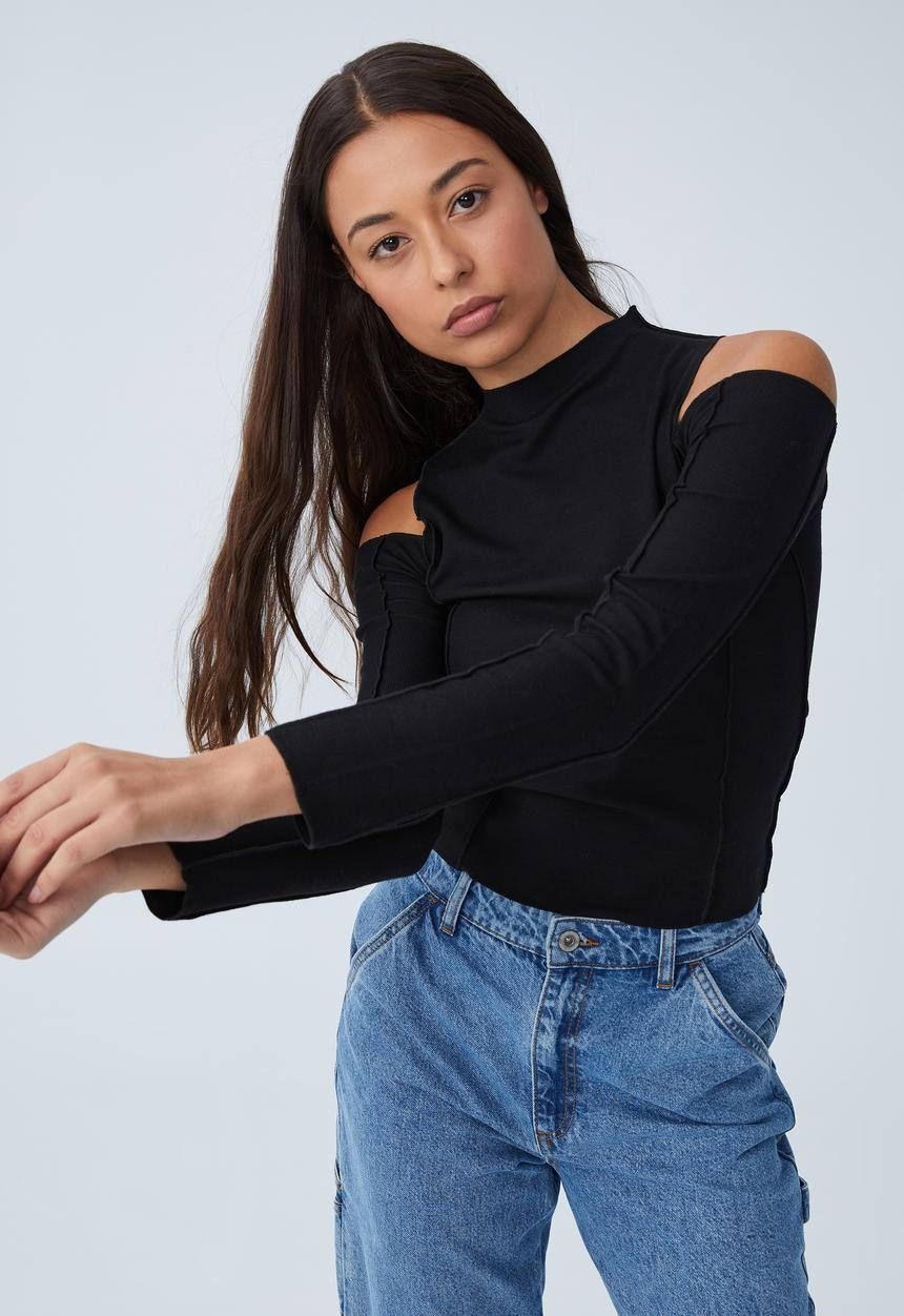 Cotton On - Natalia cut out shoulder long sleeve top - black