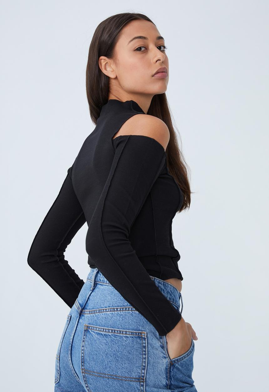 Cotton On - Natalia cut out shoulder long sleeve top - black