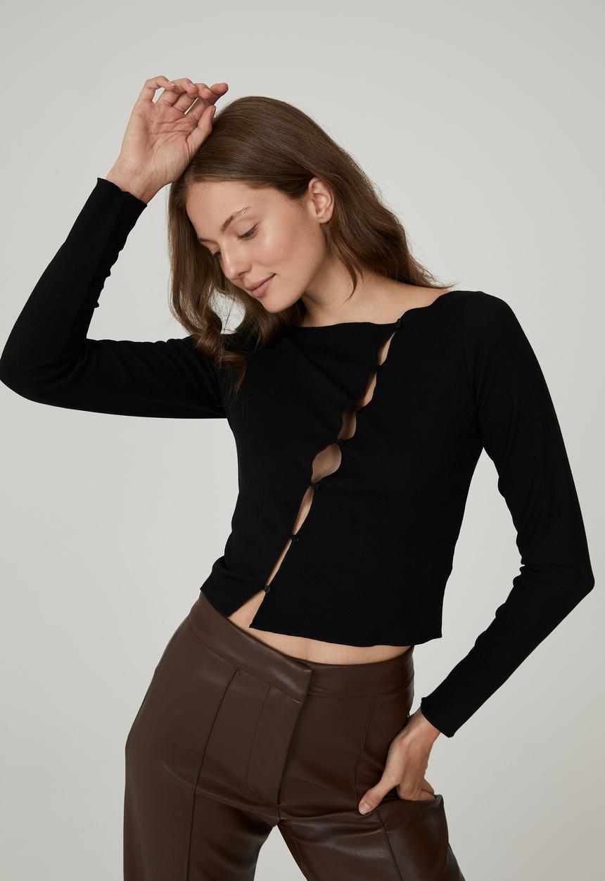 Cotton On - Natalia asymmetric button down long sleeve top - black